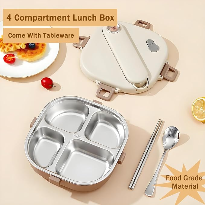 Stainless Steel Bento Box, 800ml Leakproof Lunch Box, Easy To Open And Close, Food Storage Container For Outings, Picnics, And Travels (4 Compartments)