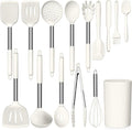 LIANYU 15 Pcs Cooking Kitchen Utensils Set with Holder, Silicone Kitchen Gadgets with Stainless Steel Handle, Heat Resistant Spatula Tools, Brush Spoon Tong Whisk Ladle Turner for Cookware, White