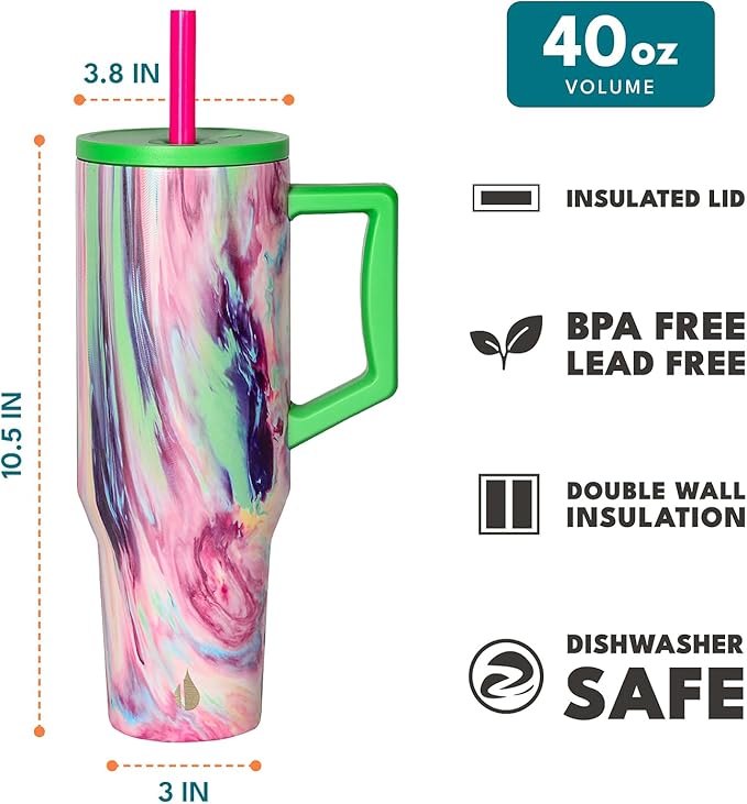 Elemental 40 oz Tumbler with Handle and Straw - Spill Proof Insulated Stainless Steel Commuter for Hot and Cold Beverages - Travel Coffee Mug with 2 Straws & Spill Proof Lid - 40oz - Aurora Dream