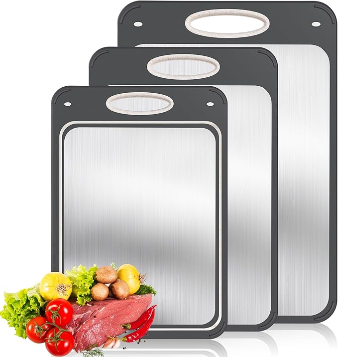 Patelai 3 Pack Stainless Steel Cutting Board Double Sided Cutting Board Large 304 Stainless Steel Wheat Straw PP for Kitchen Chopping, Easy to Clean (14 x 9.6 Inch,15.7 x 10.6 Inch,17.7 x 12.2 Inch)
