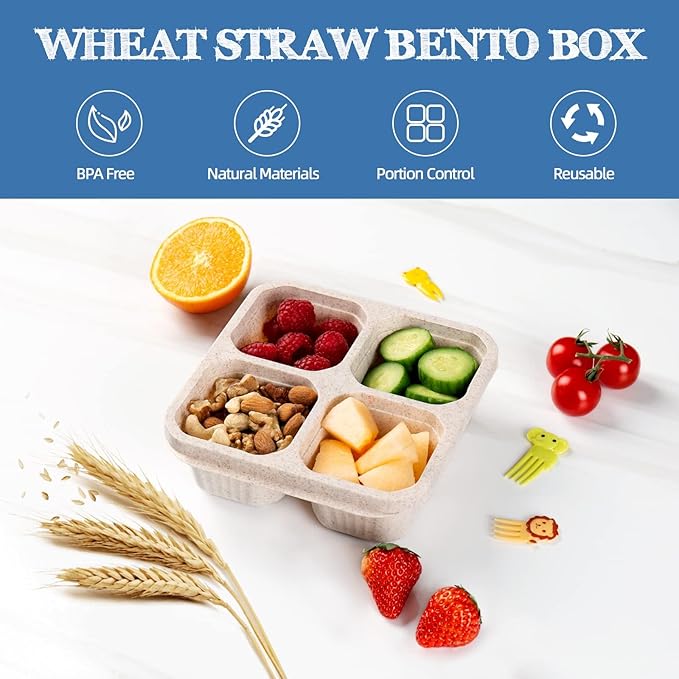 4 Pack Bento Box, 4 Compartment Lunchable Snack Containers with Lids for Meal Prep, School, Travel, Reusable Divided Lunch Food Container for Adults, Kids, Toddlers