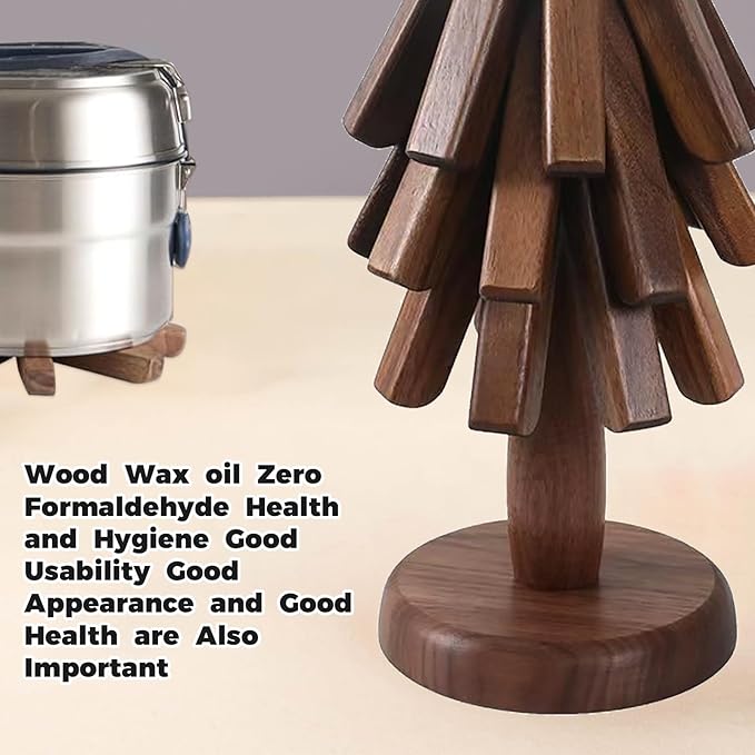 Wooden Tree Coasters, Trivets for Hot Dishes, Trivets for Hot Pots and Pans, Wooden Tree Trivet Set - 3 or 4 Wooden Trivet + 1 Stand, Christmas Coasters (Walnut,4pcs-B)