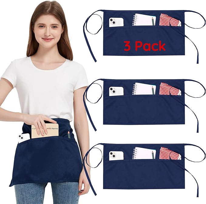 3 Pack Waist Apron with 3 Pockets, Unisex Black Waiter Aprons, Water Resistant Server Aprons for Restaurant Chef Bar