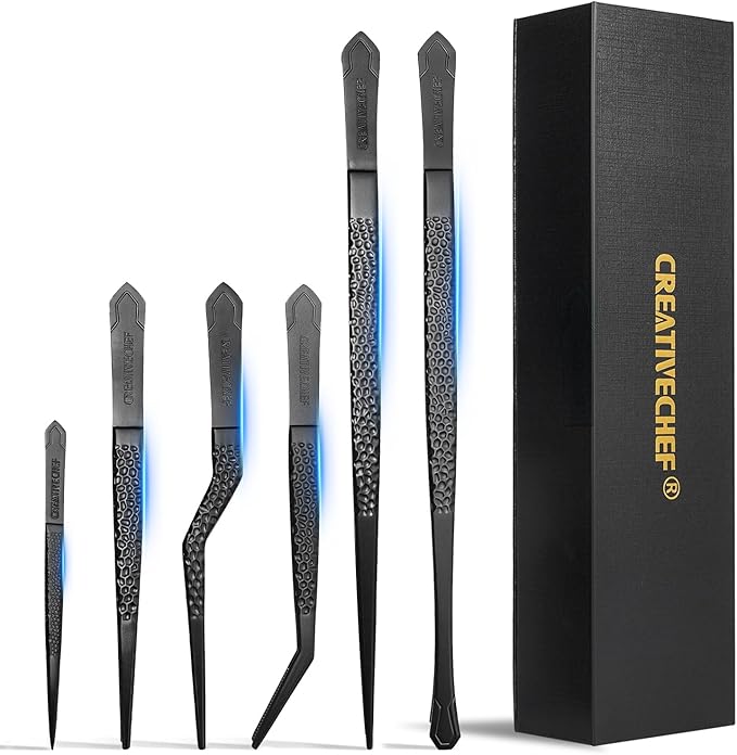 CREATIVECHEF Culinary Tweezers | High Precision Titanium Tweezer Set | 6pcs Cooking Tweezers in a Beautiful Box | Cooking Decorative Chef Tools | Food Styling | Plating & Cooking | Lightweight version
