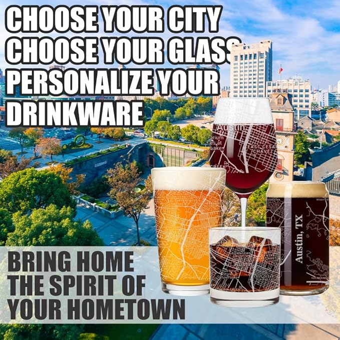 Blue Ridge Mountain Gifts - Austin Souvenir - Texas Glassware Gift, Etched City Map, Laser Engraved and Dishwasher Safe
