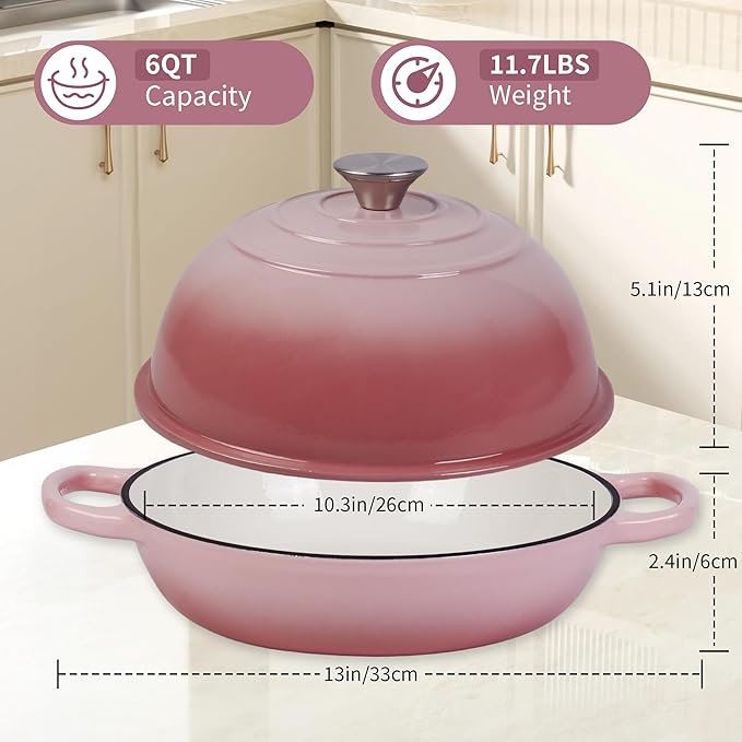 Dutch Oven for Sourdough Bread Baking, Enameled Cast Iron Dutch Oven Pot with Lid, Dome-Shaped Bread Dutch Ovens, 6 Qt, (Pink)