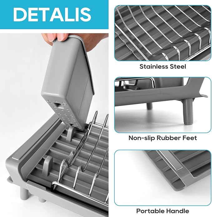 Small Expandable Dish Drying Rack – Compact & Space-Saving – No Spout, No Leaks – Durable, Rust Resistant & Easy to Clean – Ideal for Kitchens, Apartments & RVs – Extend 10.9 to 18.6 inches (Gray)