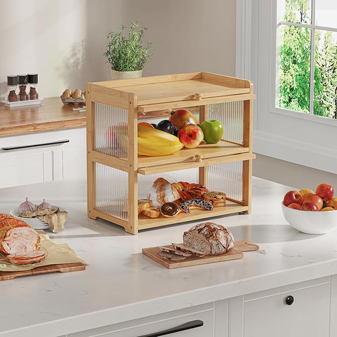 BAMBANG Extra Large Bamboo Bread Box for Kitchen Counter, Double Layer Bread Storage Container Farmhouse Bread Box with 4 Sides Transparency, Breadbox Bin Holder for Homemade Bread, Natural