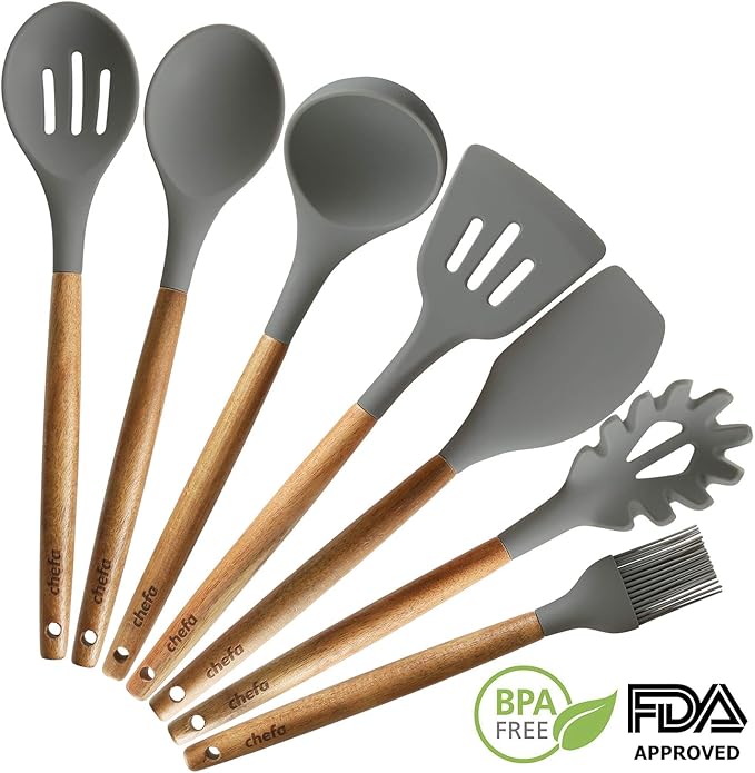 Silicone Cooking Utensils | Wooden Handle, Non-Stick Cookware Heat Resistant Kitchen Utensil Spatula, Slotted & Solid Spoon, Soup Ladle, Slotted Turner and Spaghetti Server,| Acacia Wood - Dark Gray