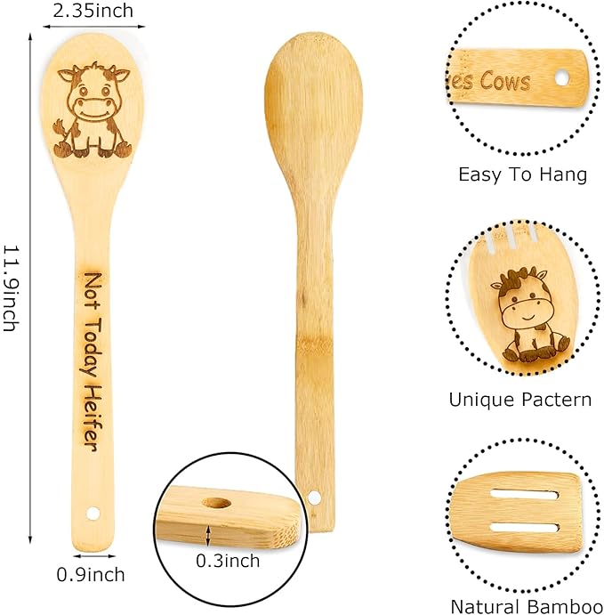 5PCS Cow Wooden Cooking Spoons Set Cow Gifts for Women Cow Kitchen Decor Bamboo Cooking Utensil Spoons for Housewarming Wedding Anniversary Thanksgiving Christmas Gifts Mom Women Cow Lovers Gift