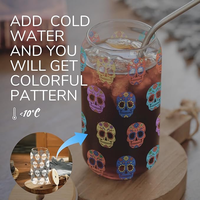 Onebttl Sugar Skull Gifts, Day of the Dead Gifts, Iced Color Changing 16oz Soda Can Glass with Bamboo Lid and Glass Straw, 16oz Skull Printed Beer Can Glasses