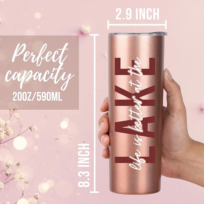 Onebttl Lake House Gifts for Women, 20oz Stainless Steel Insulated Tumbler, Housewarming Gifts for Lake Lovers - Rose Gold, Life is Better at the Lake 02