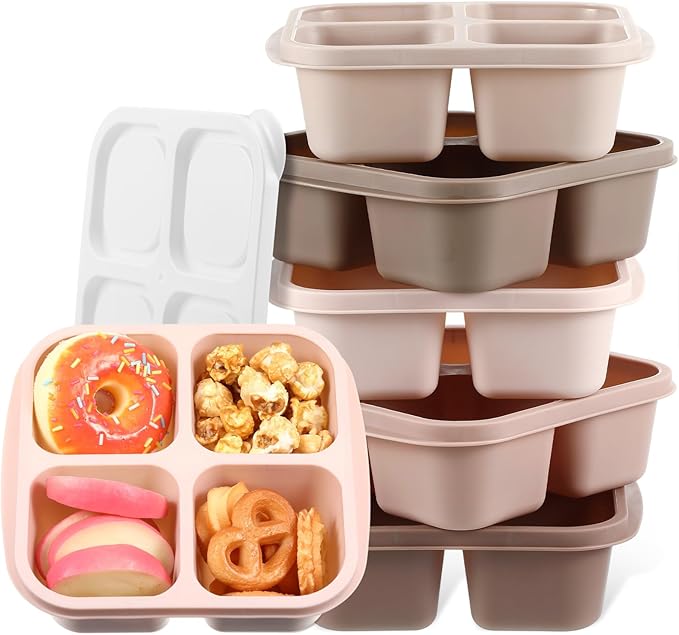 Honeydak 5 Pack Snack Containers 4 Compartment Bento Snack Boxes Reusable Lunchable Containers with Lids Divided Meal Prep Lunch Food Storage Box for School Work Travel(Cream Brown,Equal)