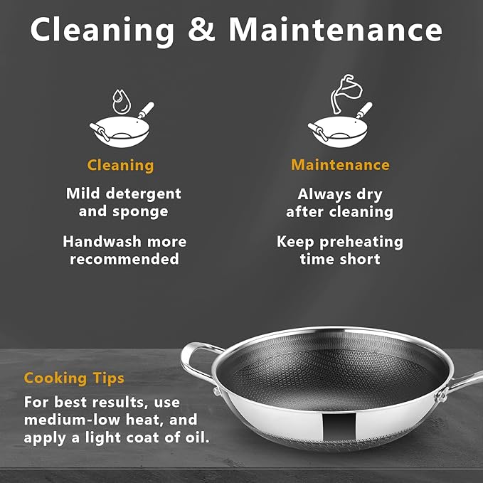 Hybrid 12 Inch Wok Pan with Lid, 5QT Stainless Steel Deep Woks & Stir-fry Pans with Flat Bottom, Stay-Cool Handle, Induction & Dishwasher & Oven Safe, Non Toxic, PFOA Free Skillet Cookware