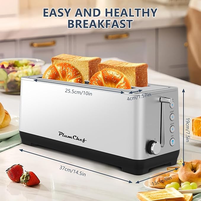 4-Slice Toaster, Extra Wide Long Slot Toaster with Warming Rack, 6 Browning Settings, Bagel/Defrost/Reheat Functions, Removable Crumb Tray, Stainless Steel Housing,Silver
