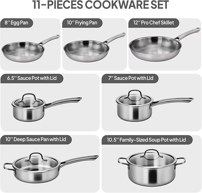 VINGLI 11 Pcs Cookware Set, Stainless Steel Pots and Pans Set with Lids, Non-Toxic Saute Sauce Pot, Soup Pot, Frying Pan, PFOA & PTFE Free, Compatible for All Cooktops (11 Cookware Set)
