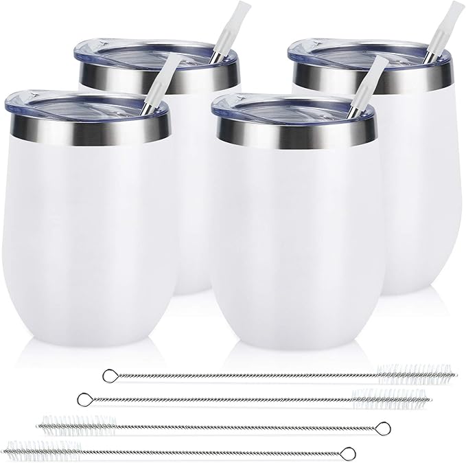 Lifecapido 4 Pack 12Oz Stainless Steel Stemless Wine Glasses, Insulated Wine Tumbler, Stainless Steel Wine Tumbler Cups with Lids and Straws for Coffee, Cocktails, Wine, Champaign, White