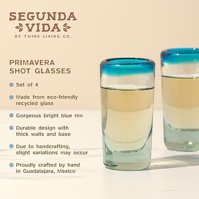 Segunda Vida Twine Primavera Colorful Shot Glasses with Blue Rims, Handmade Mexican Glass Hand Blown, 100% Recycled Glassware, 1 oz Set of 4