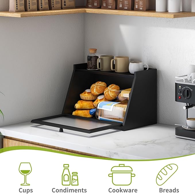 BMOSU Bread Box for Kitchen Countertop Large Capacity Corner Bread Box Farmhouse Bread Container Bread Storage Bread Holder (Black, Large)