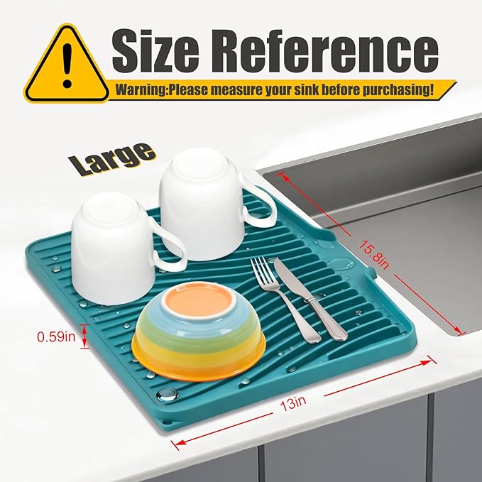 Silicone Dish Drying Mat for Kitchen Counter, Dish Drying Pad, Non-Slip Drain Pad with Built-in Drain, Heat Resistant Stone Drying Mat(15.8" x 13", Green)