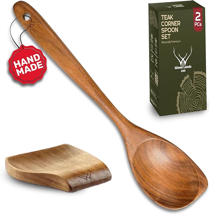 12 Inch Long Handle Teak Wooden Spoon for Cooking With Curved Corner for Complete Mixing - Comes with Large Teak Spoon Rest - This Wooden Spoons for Cooking made of Premium Natural Teak Wood