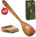 12 Inch Long Handle Teak Wooden Spoon for Cooking With Curved Corner for Complete Mixing - Comes with Large Teak Spoon Rest - This Wooden Spoons for Cooking made of Premium Natural Teak Wood