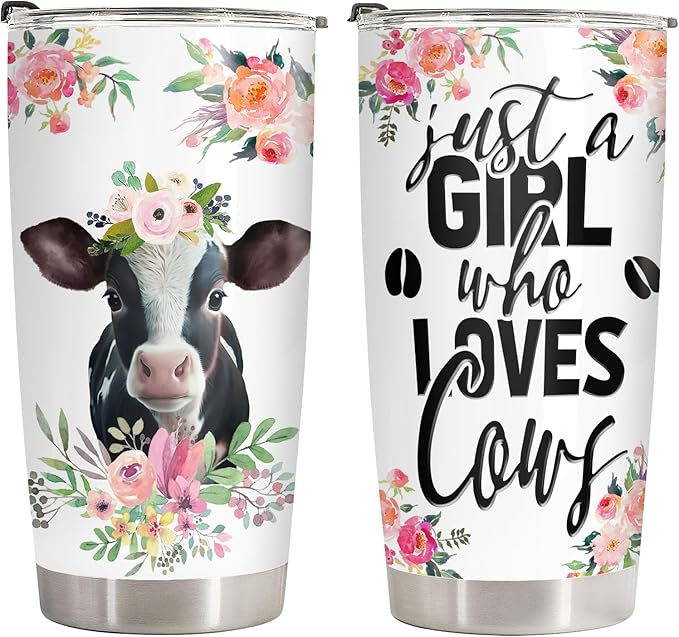 34HD Just A Girl Who Loves Cow Tumbler with Lid, 20 oz Stainless Steel Farm Animal Drinking Cup, Cow Gifts for Women on Birthday, Christmas, Mothers Day, Annivesary