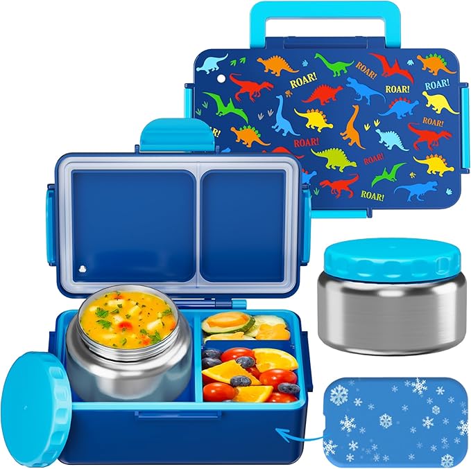Dinosaur Bento Lunch Box for Kids – 12 oz Stainless‑Steel Soup Thermo & 3‑Compartment Leak‑Proof Food Container with Built‑In Ice Pack, Insulated Food Jar for Boys & Girls, School & Travel
