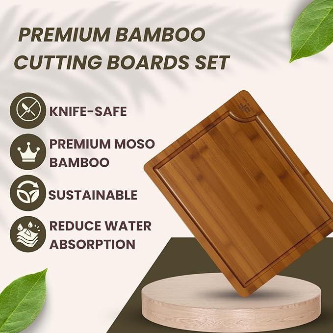 Bamboo Cutting Board for Kitchen, set of 3, Wooden Chopping Board Set with Deep Juice Grooves & Built-In Handles, Knife-Safe Wooden Chopping Boards for Meats, Veggies & Fruits
