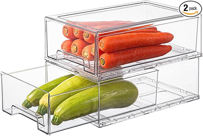 2 Pack Clear Stackable Refrigerator Organizers and Storage Drawers - Pull-Out Fridge Bins with Anti-Slip Base & Easy Clean, Plastic Organizers for Kitchen Pantry Cabinet Closet (Large)