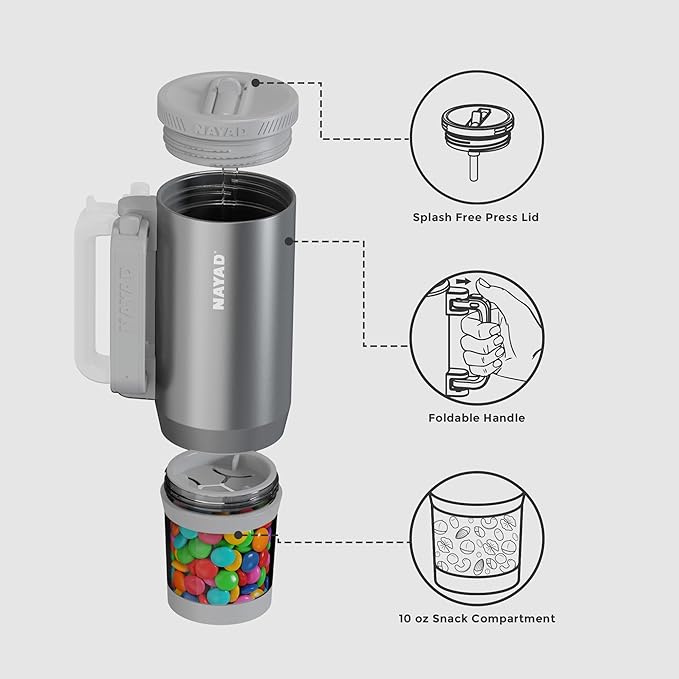 NAYAD 22 oz Flip Straw Tumbler with Handle & 10oz Snack Container Insulated Stainless Steel Water Bottle with Foldable Handle Dual Lids for Travel Gym Car Daily Use Christmas gifts (Metal Gray)