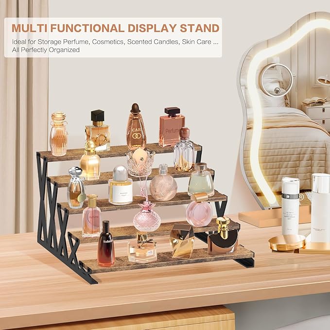 KALYLOC 5 Tier Wooden Display Riser Stand 13.8 Inch Metal Step Cologne Stand Perfume Organizer Tabletop Tiered Display Shelf Rack for Cupcake Spice Figures Cosmetics Candles (Brown, X-Shape)