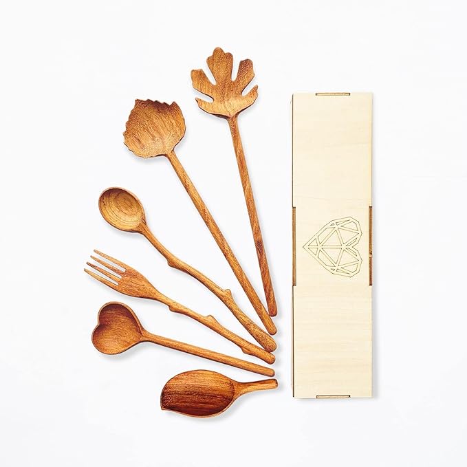 Natural Wooden Spoons and Forks Set (Set of 6), Hostess Gifts for Women, Couple, Christmas Gifts Ideas, New Year for Mom, Kitchen Cottagecore, Handmade Cooking Gift Ideas