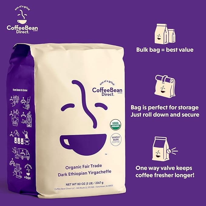 Coffee Bean Direct Organic Fair Trade Dark Ethiopian Yirgacheffe, Whole Bean Coffee, Arabica Coffee, Dark Roast, 5 Pound Bag (Pack of 1)