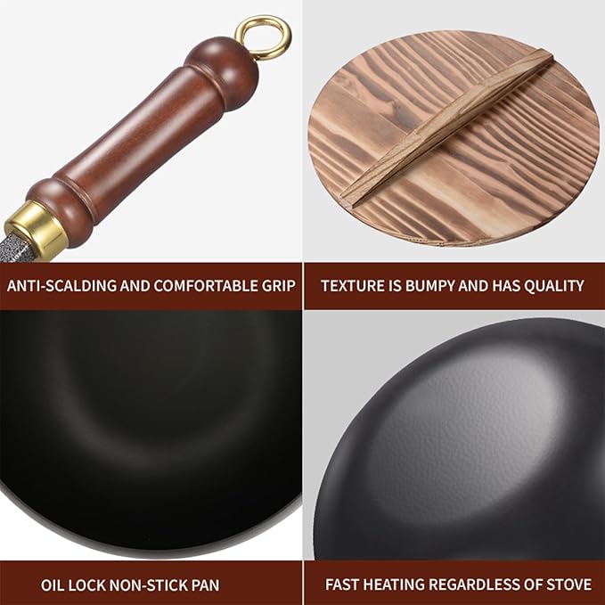 Suntuup Japanese Iron Pan, Uncoated Iron Pan, 11 Inch Suntuup japanese iron frying pan Non-Stick IronPan for Cooker Gas Stir Fry Pans with Lid Spatula Durable and Rust-Free (Wooden Lid, 11.02in)