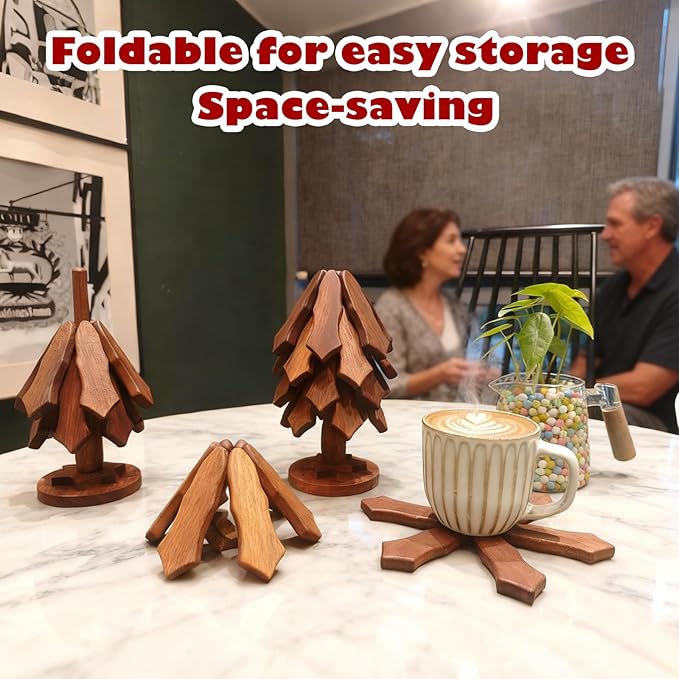 Tree Trivet Set - 4 Pcs Walnut Wooden Trivets with Stand, Foldable Christmas Tree Hot Pot Holders | Snowflake Unfold Design, Effective Heat Insulation