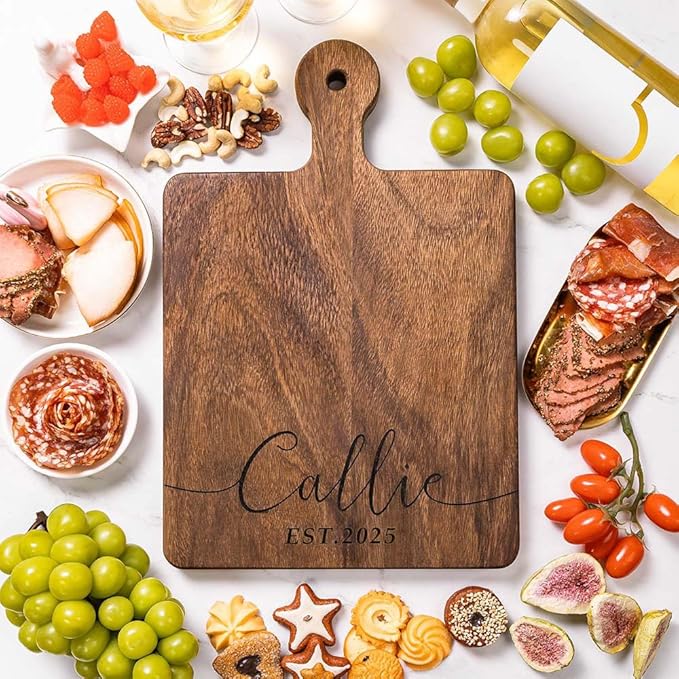 Personalized Wooden Engraved Cutting Boards with Handle, Custom Reversible Monogrammed Cheese Board S M L, Housewarming Wedding Gift for Family or Couple (38 Design Styles)