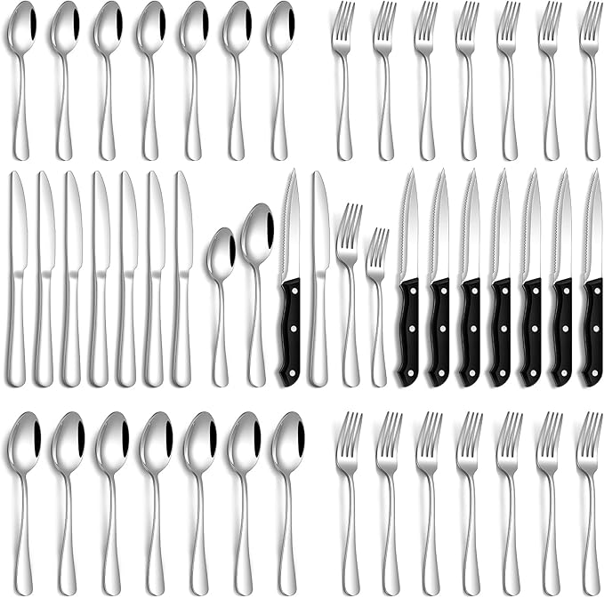 Silverware Set, 48-Piece Flatware Set with Steak Knives for 8, Stainless Steel Mirror Cutlery Include Forks Spoons and Knives Set, Dishwasher Safe Utensils Set for Home Restaurant