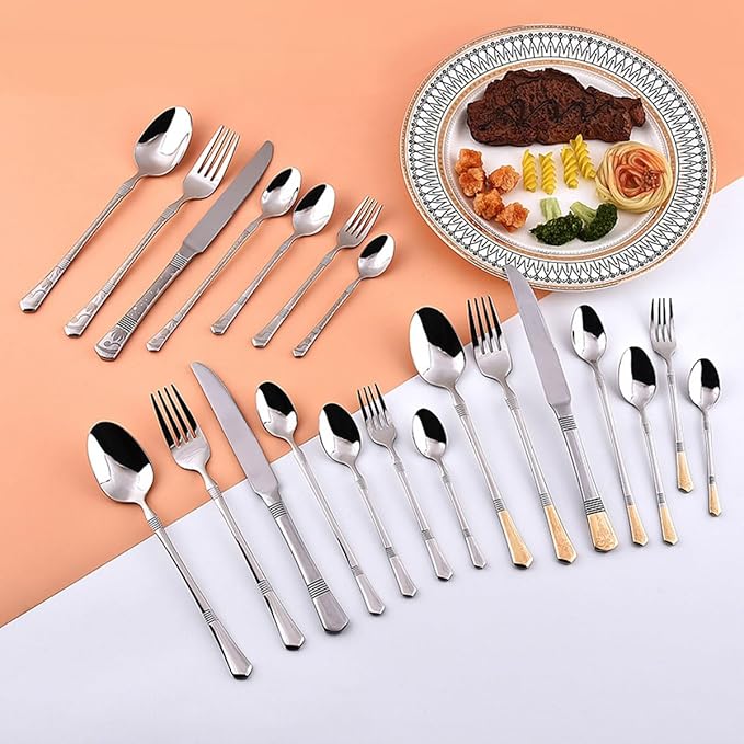 Deluxe 42 Piece Silver Silverware Set for 6 Stainless Steel Flatware Set with Knife/Fork/Spoon,Cutlery Set for Home and Kitchen,Utensil Set with Dishwasher Safe，Gift Package for Wedding Housewarming