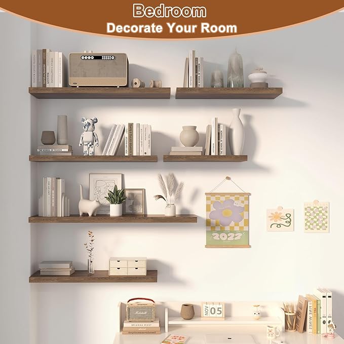 12 Inch Deep Floating Shelves for Wall 2 Pack Floating Shelfs Large Storage Space Wall Decor Display Shelf for Bathroom Living Room Bedroom Kitchen 23.8" W x 12" D x 1.2" H Rustic Brown