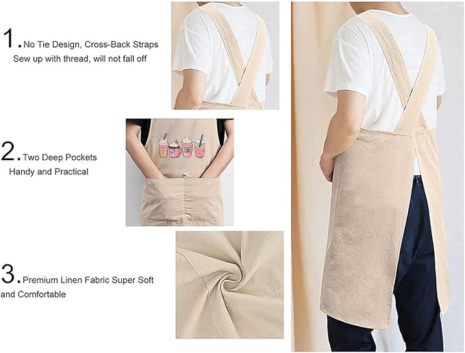 Cotton Linen Apron Non-tie Cross Back Kitchen Apron with Pockets Soft Comfortable Durable for Cooking Baking Gardening (Khaki)