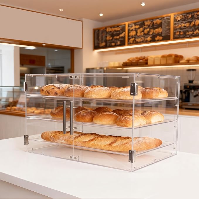 Bakery Display Case for Commercial Countertop, Acrylic 3-Tier Large Pastry Storage Box with Magnetic Door and Removable Tray for Dessert Donut Bread Cake Cupcake Cookie 21" x 16.2" x 14.2"
