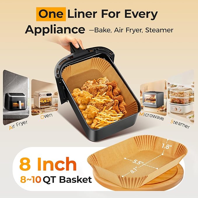 Vailnd 300Pcs Air Fryer Paper Liners Disposable, 8x5.5" Rectangle Parchment Paper, Sheets, Non-stick Liners for Rectangular Airfryer Basket Oilproof Waterproof