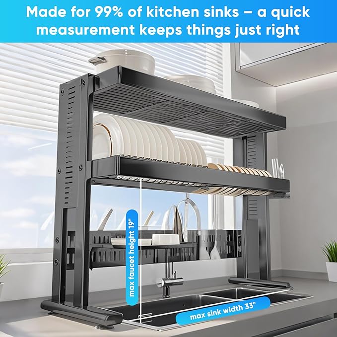 Large Over The Sink Dish Drainer Drying Rack，2 Tier Large Capacity Stainless Steel Dish Drying Rack Over Sink, Multifunctional Kitchen Organizers and Storage Dish Rack (Black, Double Layer)