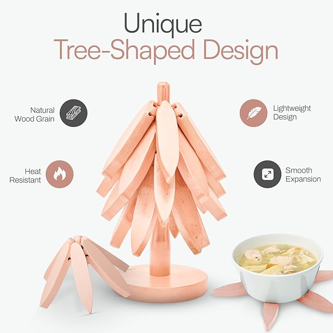 Wooden trivets for hot Dishes – 4 Tree-Shaped Coasters & 1 Stand for Hot Pots, Dishes | Heat-Resistant, Space-Saving Pot Rest & Cozy Kitchen Decor, Tree Trivets for Counter + Special Bonus (Blush)