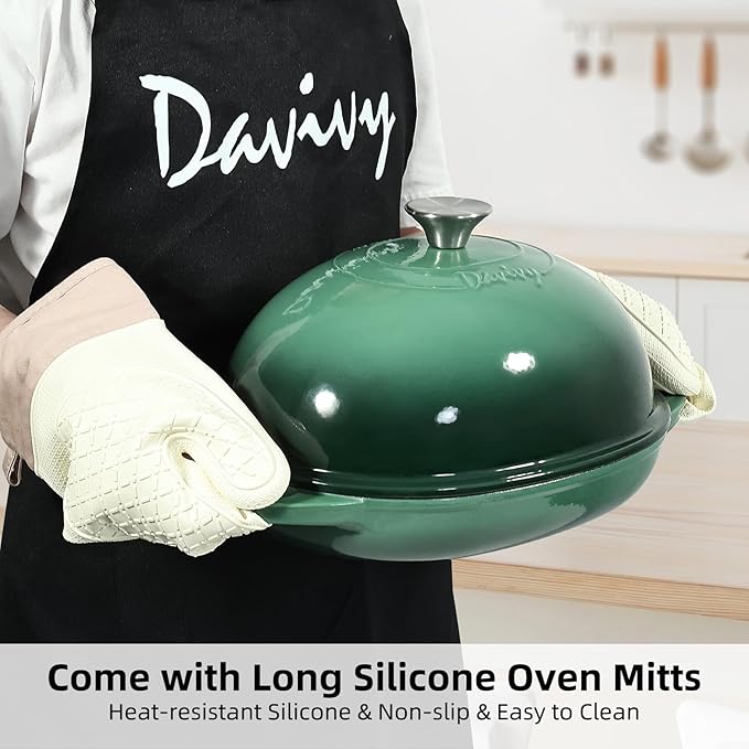 Davivy Cast Iron Oval Bread Pan with Lid 6QT, Dutch Oven for Sourdough Bread, Non-stick Cast Iron Sourdough Baking Pan with Silicone Oven Mitts - Foreset Green