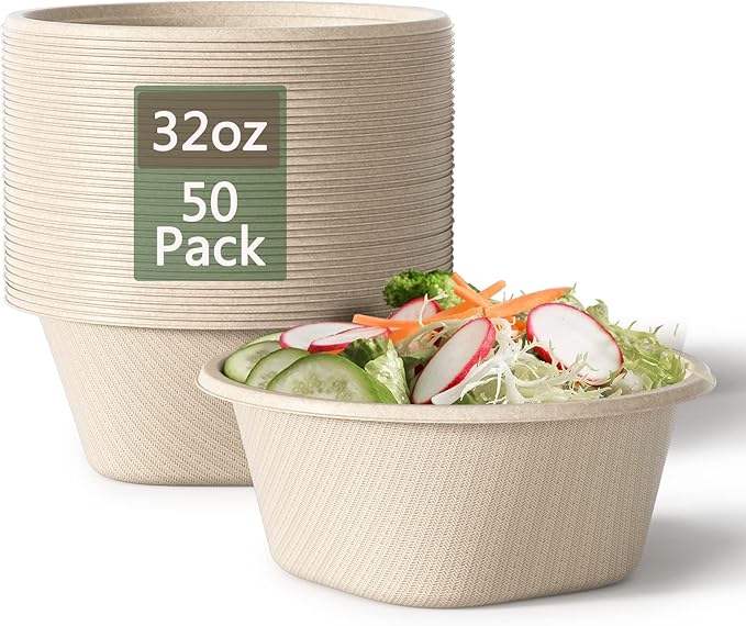 Homestockplus 32 Oz Deep Paper Bowls Disposable Bowl - Disposable Heavy Duty Compostable Bowls, Eco-friendly Sugarcane Bagasse Biodegradable Bowl for Soup, Salad, Dessert, Ice Cream [50 Pack]