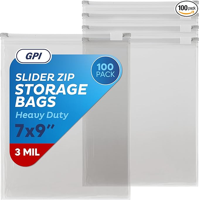 100 Count - Slider Zip Food Storage Sandwich Bags, 7" x 9" 3 Mil Heavy Duty, Strong & Durable For Freezer Storage, For Sandwiches, Snacks & More. GPI