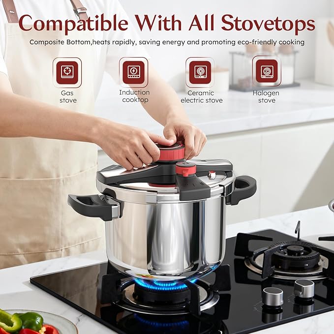 BreeRainz 8.45QT 304 Stainless Steel Pressure Cooker, 3-Stage PSI Settings, One-Hand Locking,Explosion-Proof Pot w/Extra Glass Lid, Timer, Steaming Rack(Induction Compatible)