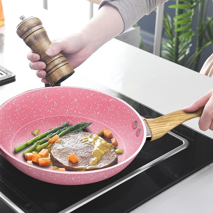 Frying Pan Nonstick Set, 8" & 9.5" & 11" Pink Egg Pan, Non Stick Fry Pan Set PFOA-Free Omelet Pan, Toxin-Free Skillets Stone Cookware, Anti-Warp Base with All Stove Tops Available,Induction Compatible